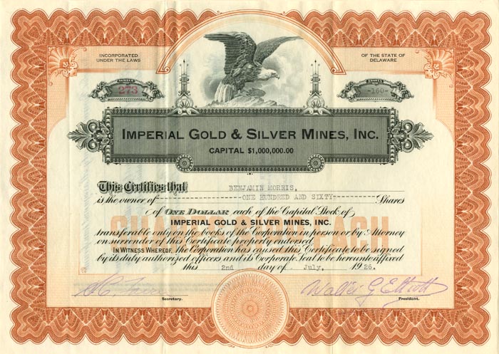 Imperial Gold and Silver Mines, Inc. - Stock Certificate